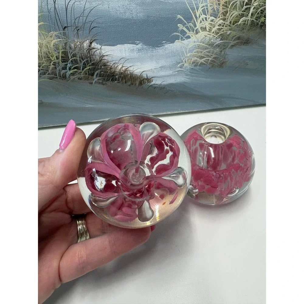 Zimmerman Art Glass Pink Floral Controlled Bubble Candle Holder Set of 2 Indiana